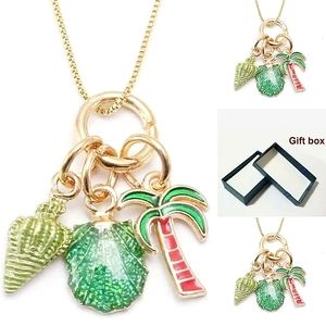 Gold green seashell Palm tree charm necklace